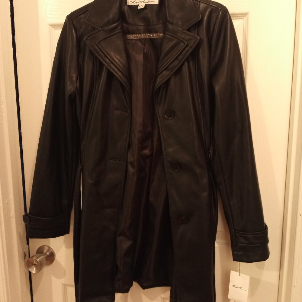 KENNETH COLE - Women's 3 Quarter Faux Leather Trench with Belt   Black/ Size M